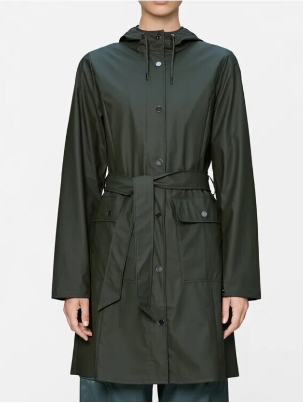 RAINS Curve Long Jacket W3 Green Waterproof Hooded Belted Rain Coat Women's Med